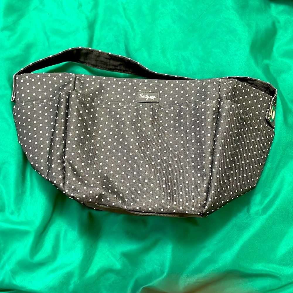 Thirty-One Creative Caddy in Swiss Charcoal- gray with white polka dots.
